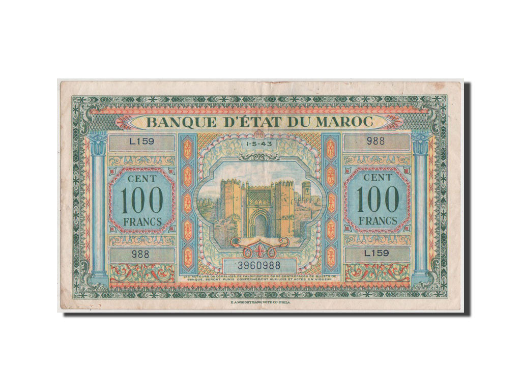 Banconote, Marocco, 100 Francs, 1943, KM:27A, 1943-05-01, BB