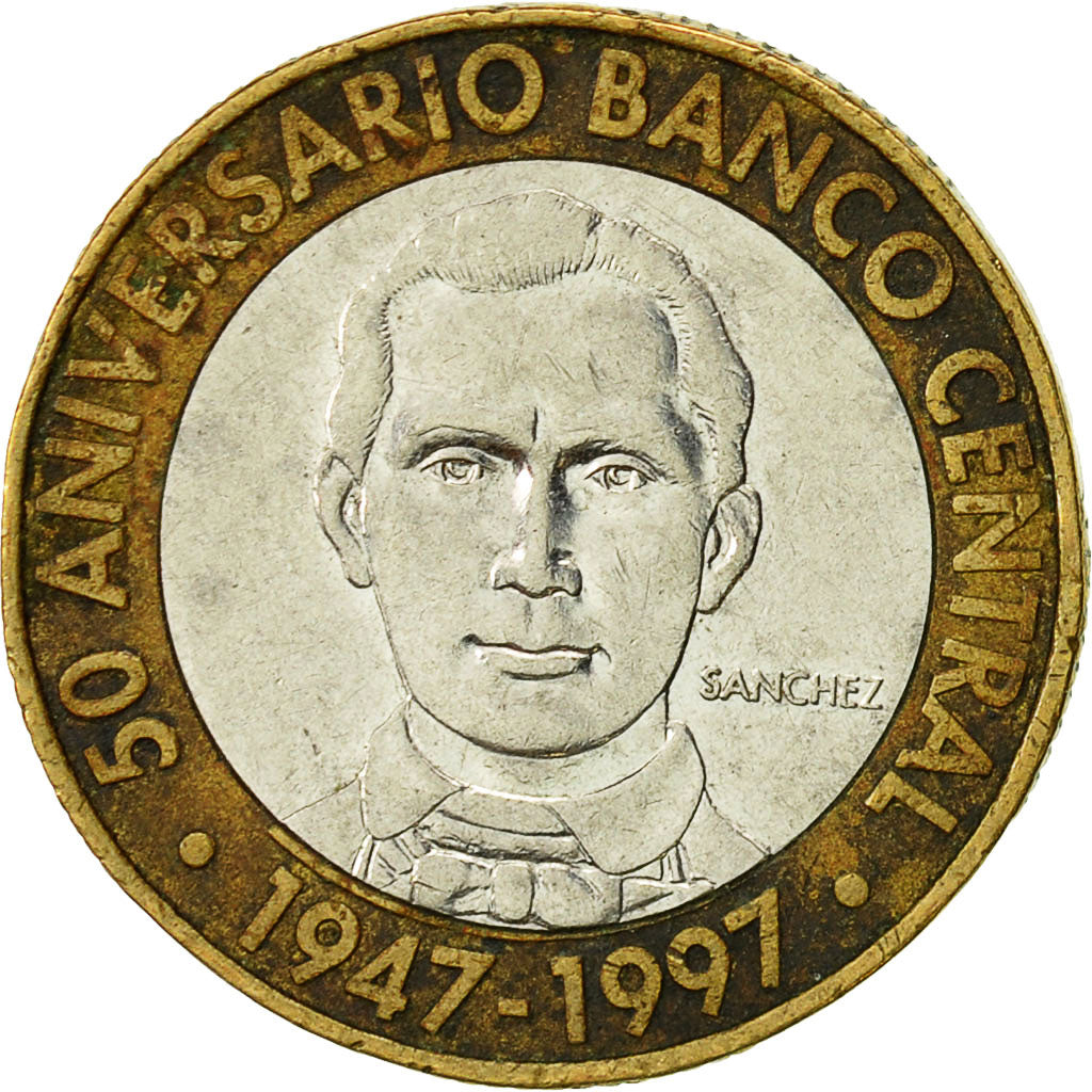 Moneda, República Dominicana, 5 Pesos, 1997, MBC, Bimetálico, KM:88