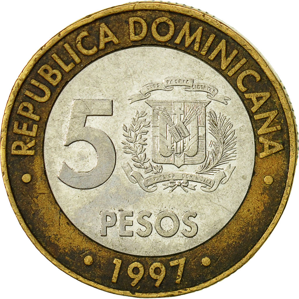 Moneda, República Dominicana, 5 Pesos, 1997, MBC, Bimetálico, KM:88