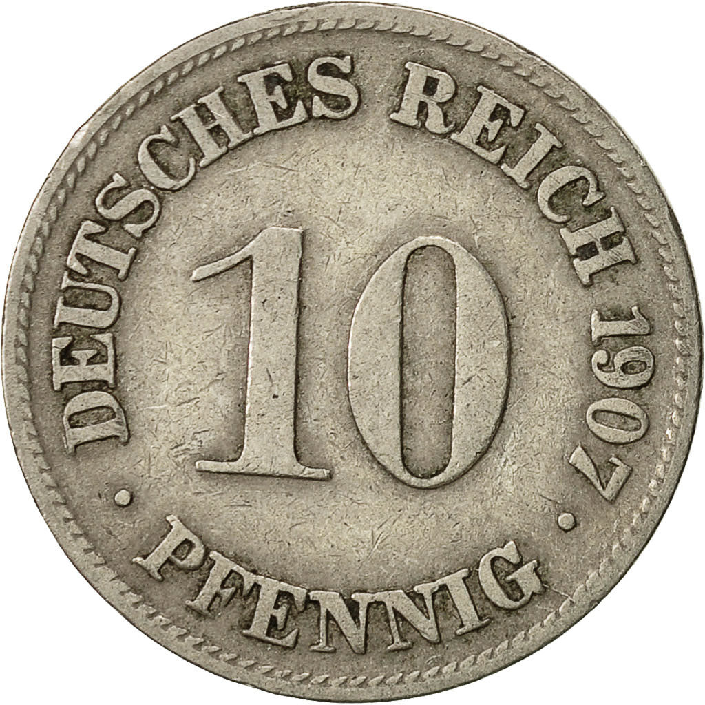 Coin, GERMANY - EMPIRE, Wilhelm II, 10 Pfennig, 1907, Munich, VF(30-35)