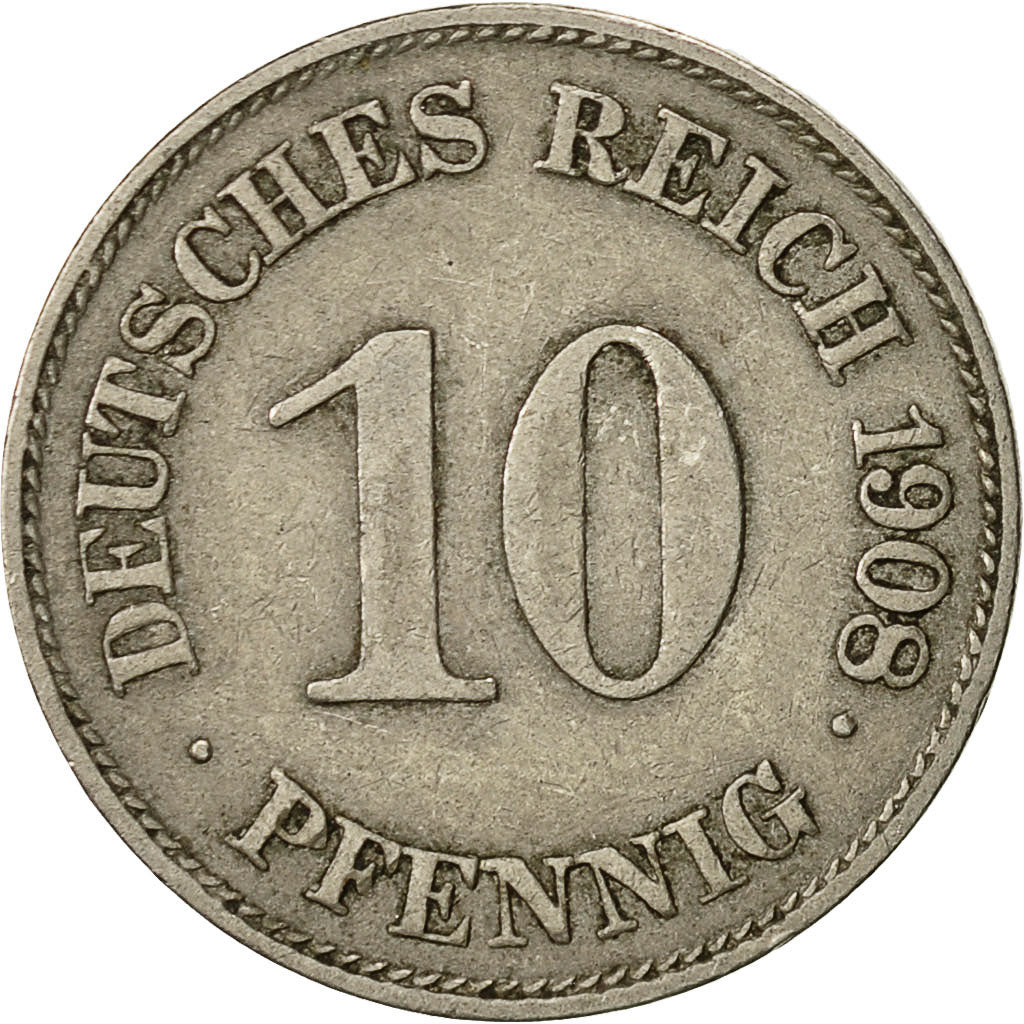 Coin, GERMANY - EMPIRE, Wilhelm II, 10 Pfennig, 1908, Muldenhütten, VF(30-35)