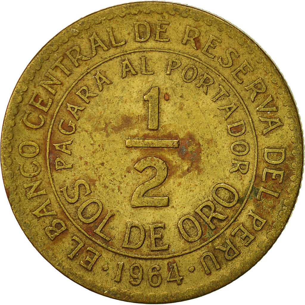 Coin, Peru, 1/2 Sol, 1964, Lima, VF(30-35), Brass, KM:220.5