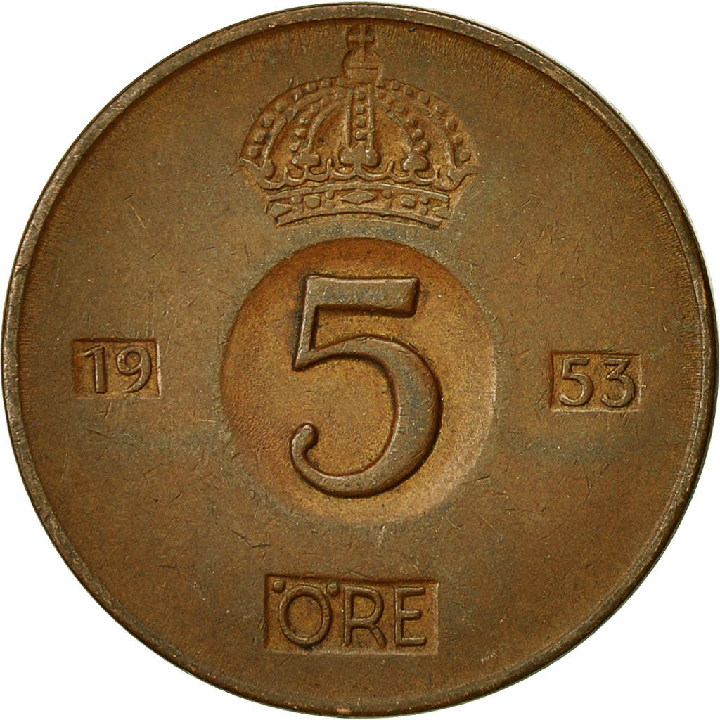 Moneta, Svezia, Gustaf VI, 5 Öre, 1953, BB, Bronzo, KM:822