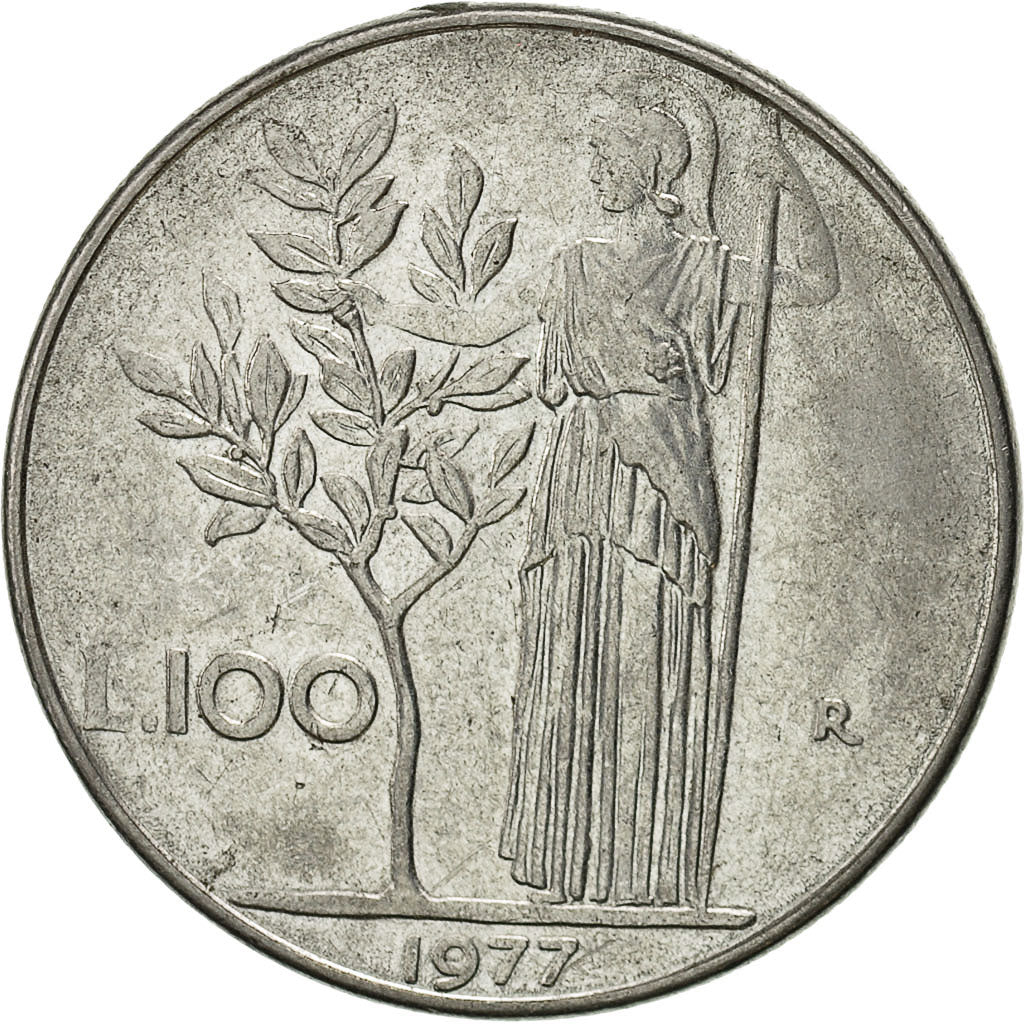 Coin, Italy, 100 Lire, 1977, Rome, AU(50-53), Stainless Steel, KM:96.1