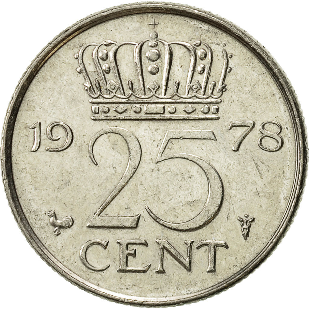 Coin, Netherlands, Juliana, 25 Cents, 1978, AU(50-53), Nickel, KM:183