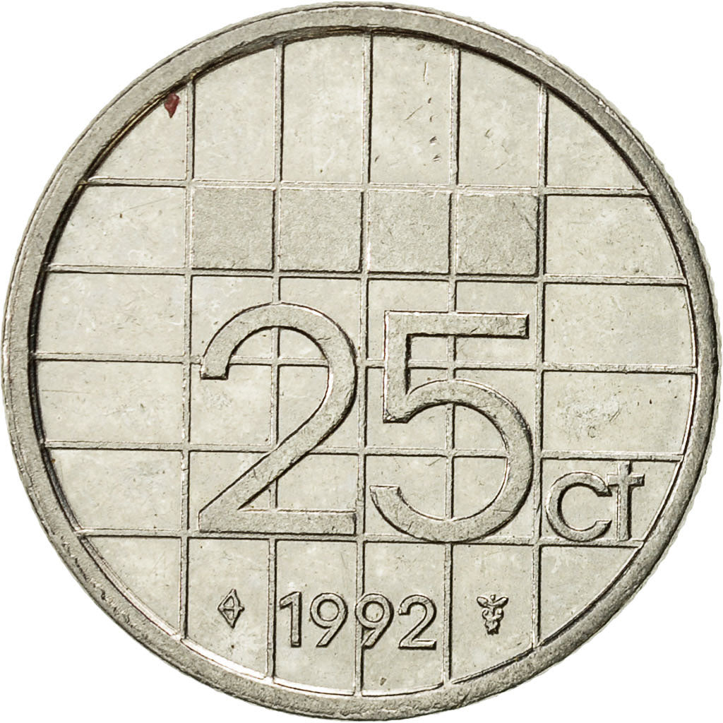 Coin, Netherlands, Beatrix, 25 Cents, 1992, EF(40-45), Nickel, KM:204
