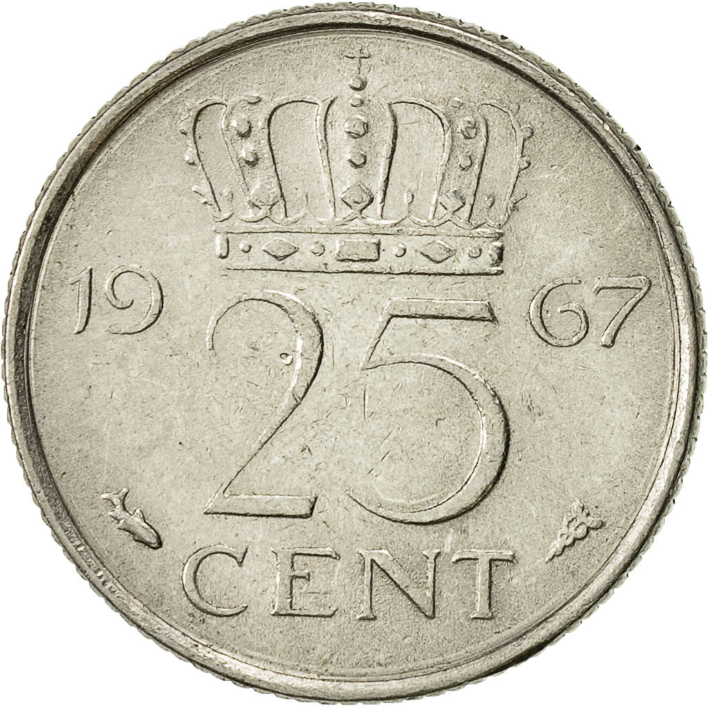Coin, Netherlands, Juliana, 25 Cents, 1967, AU(50-53), Nickel, KM:183