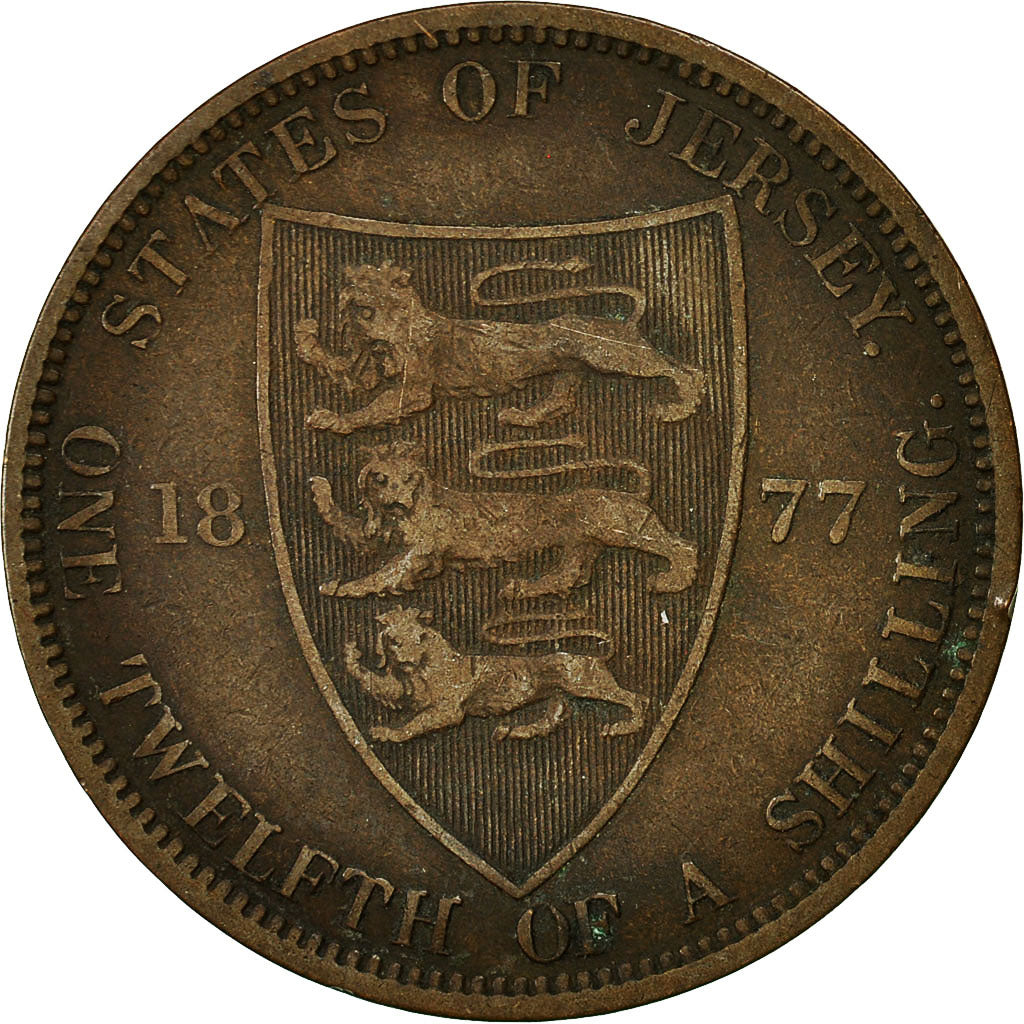 Moneda, Jersey, Victoria, 1/12 Shilling, 1877, BC+, Bronce, KM:8