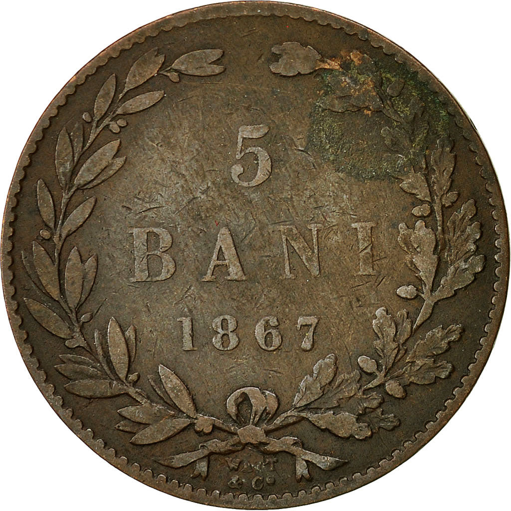 Rumänien, Carol I, 5 Bani, 1867, SS, Kupfer, KM:3.1