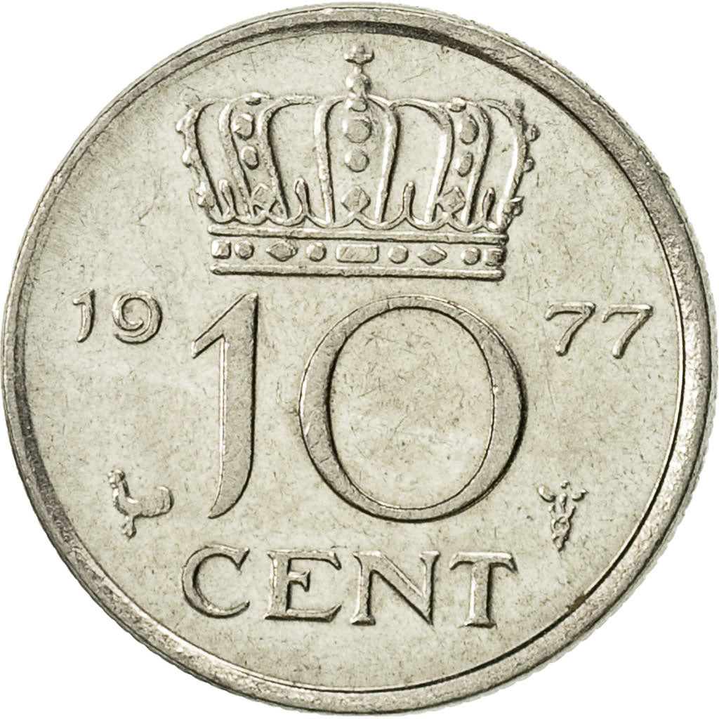 Coin, Netherlands, Juliana, 10 Cents, 1977, AU(55-58), Nickel, KM:182