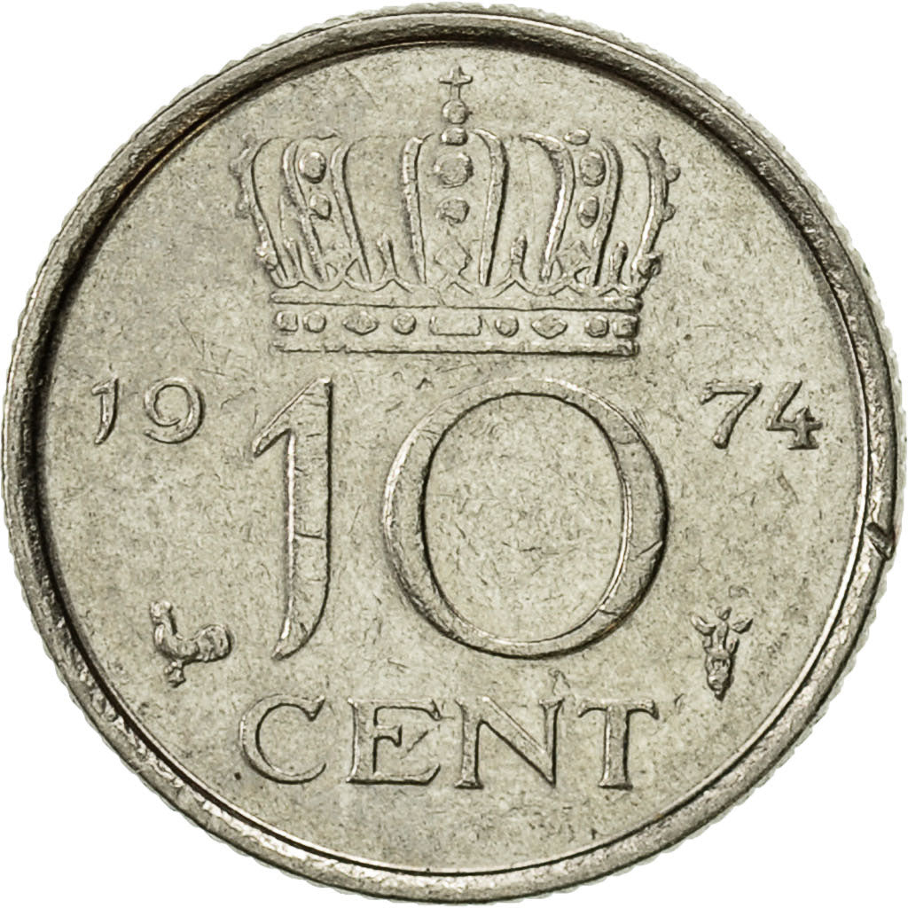 Coin, Netherlands, Juliana, 10 Cents, 1974, AU(50-53), Nickel, KM:182