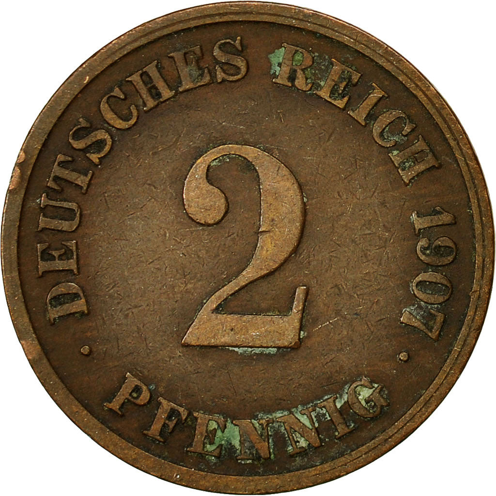 Coin, GERMANY - EMPIRE, Wilhelm II, 2 Pfennig, 1907, Muldenhütten, EF(40-45)