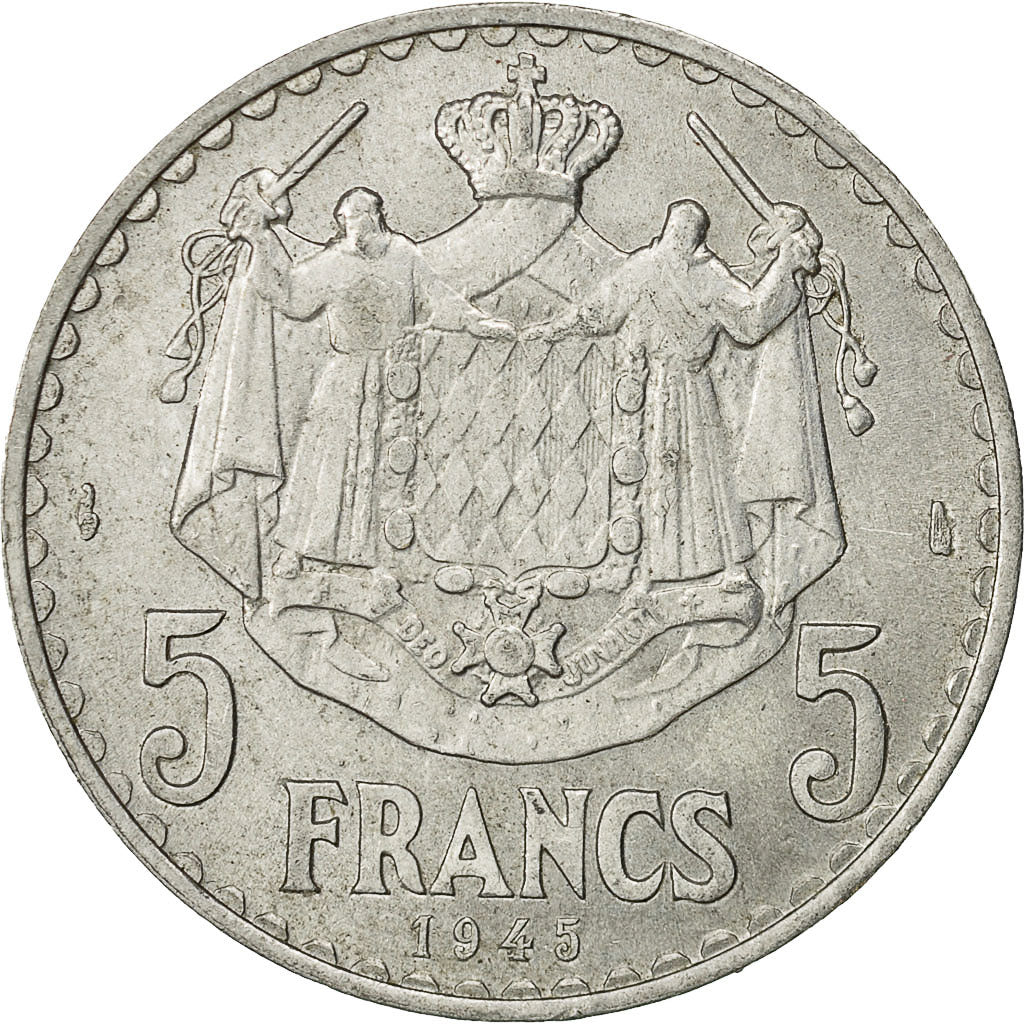 Coin, Monaco, Louis II, 5 Francs, 1945, Poissy, EF(40-45), Aluminum, KM:122