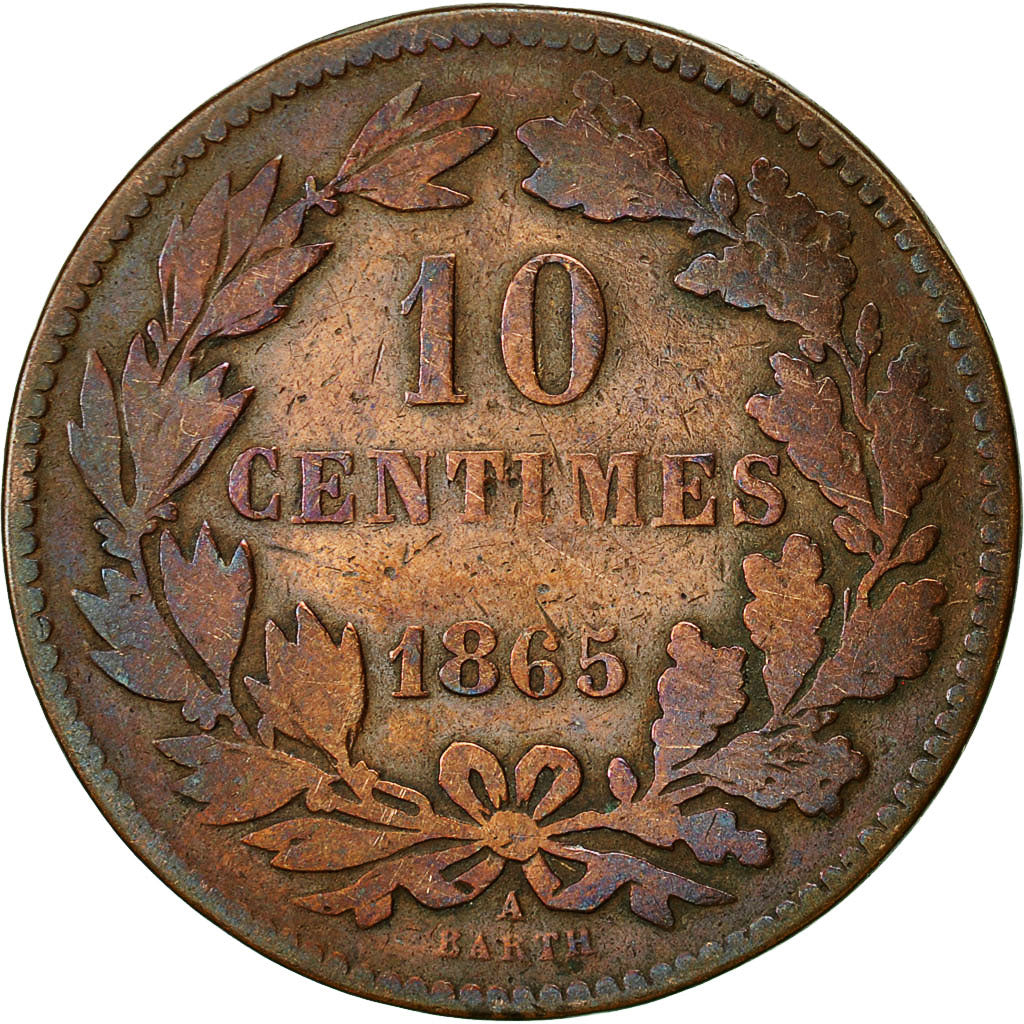 Coin, Luxembourg, William III, 10 Centimes, 1865, Paris, VF(20-25), Bronze