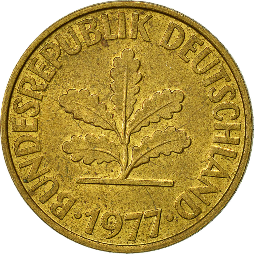 Coin, GERMANY - FEDERAL REPUBLIC, 10 Pfennig, 1977, Stuttgart, EF(40-45), Brass