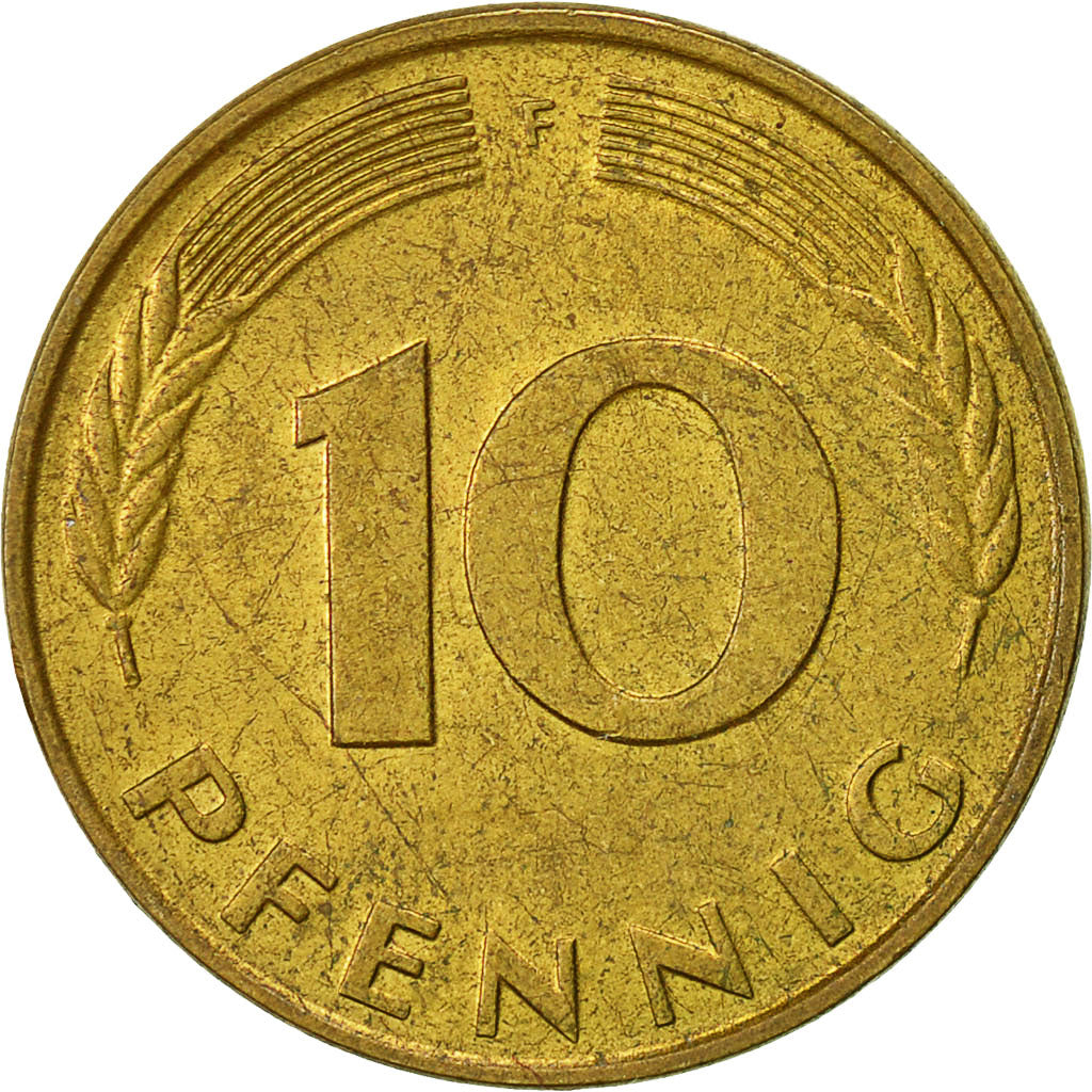 Coin, GERMANY - FEDERAL REPUBLIC, 10 Pfennig, 1977, Stuttgart, EF(40-45), Brass
