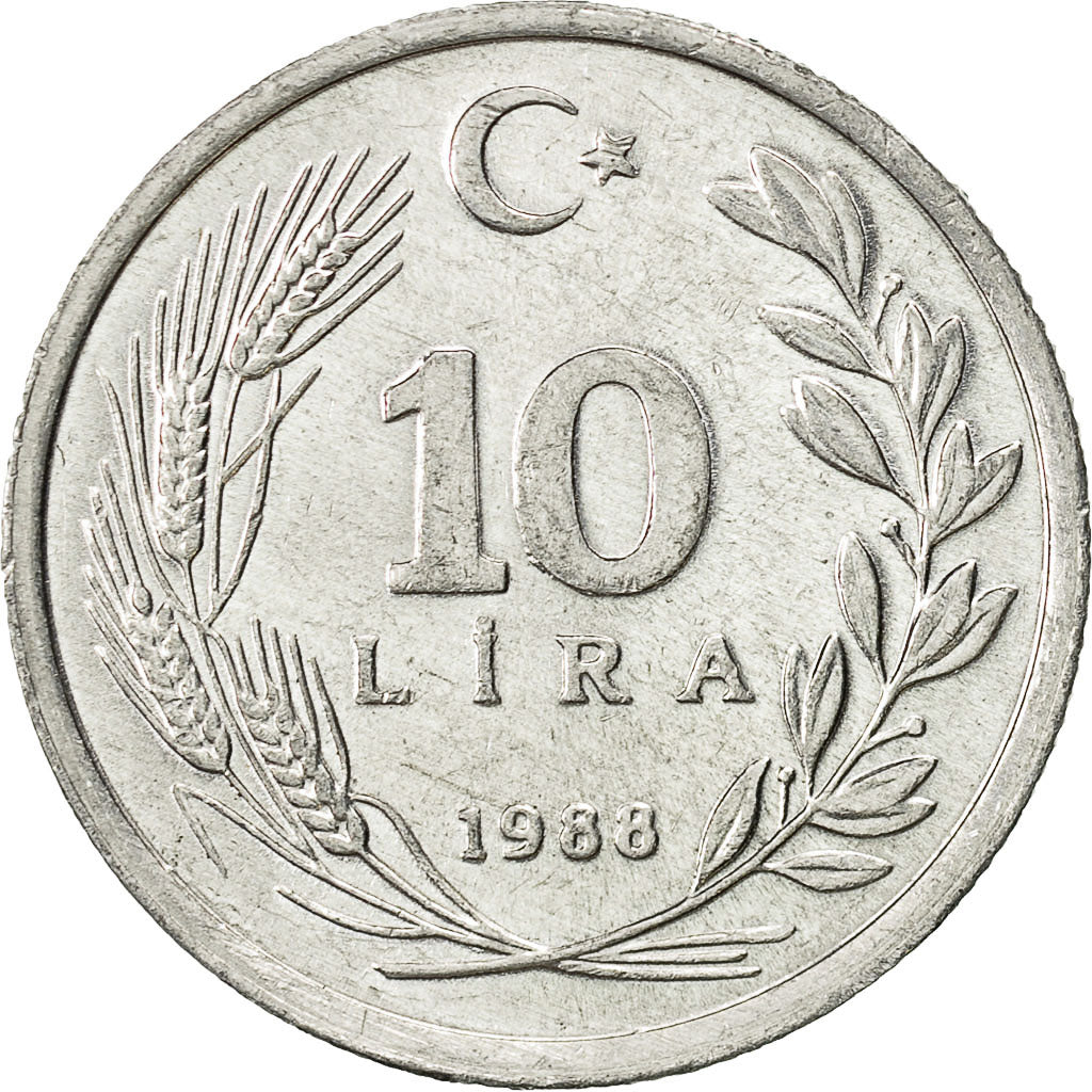 Turkey, 10 Lira, 1988, AU(50-53), Aluminum, KM:964