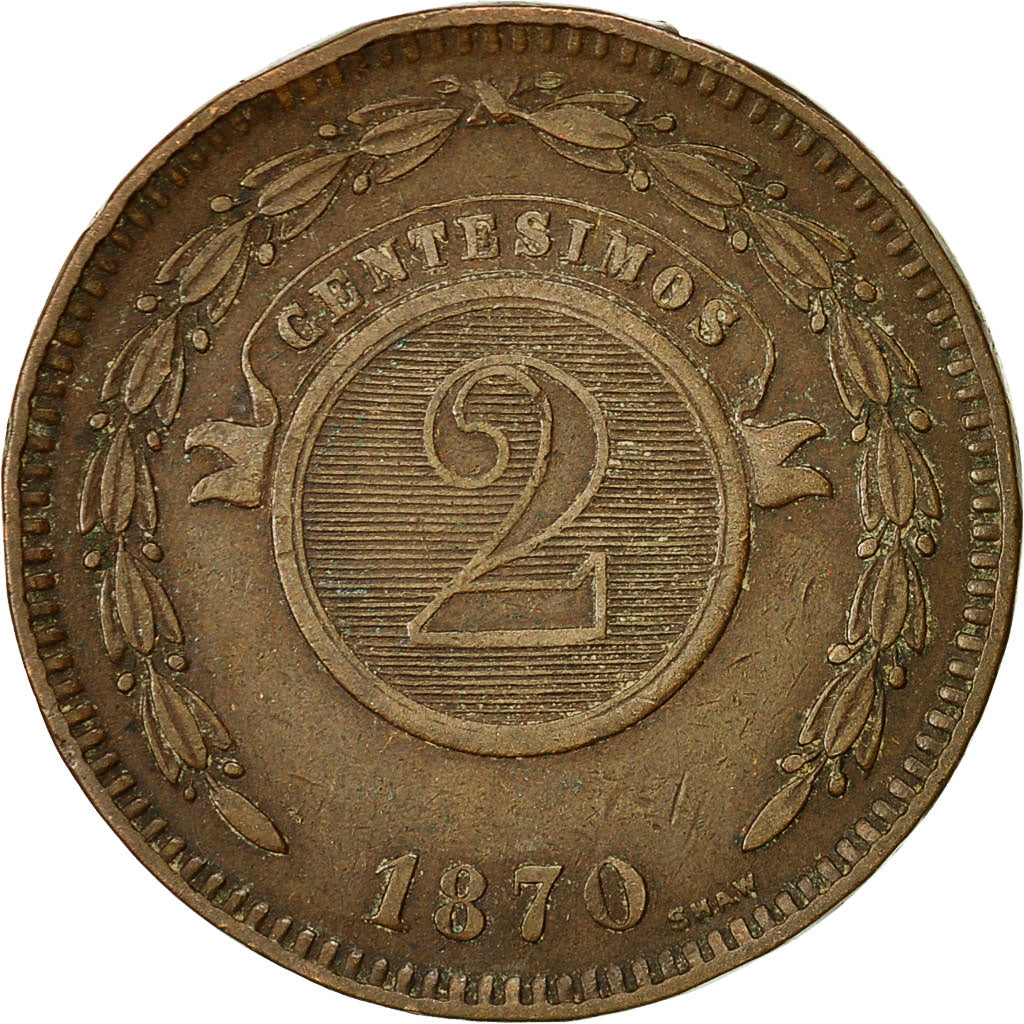 Paraguay, 2 Centesimos, 1870, MBC, Cobre, KM:3