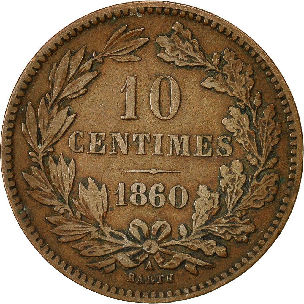 Luxembourg, William III, 10 Centimes, 1860, Paris, VF(30-35), Bronze, KM:23.2