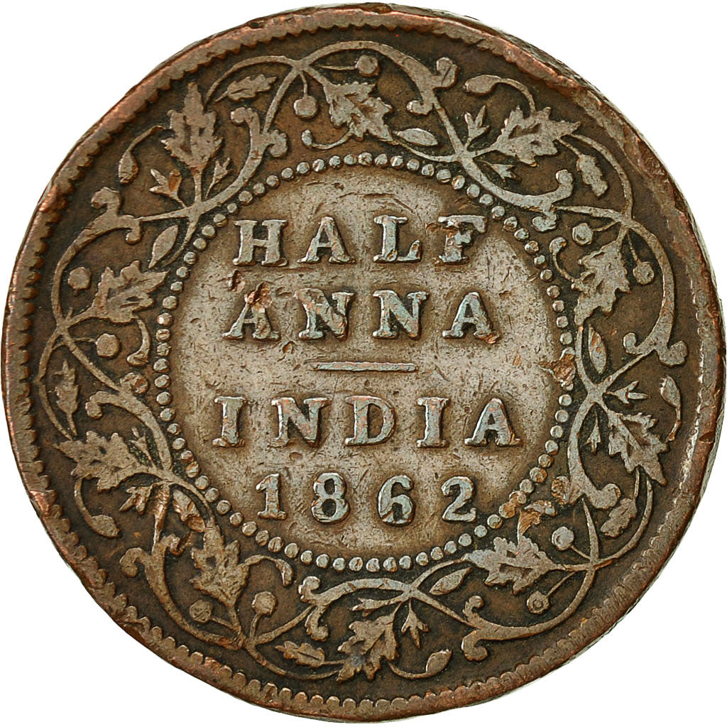 Moneta, INDIA - BRITANNICA, Victoria, 1/2 Anna, 1862, MB, Rame, KM:468