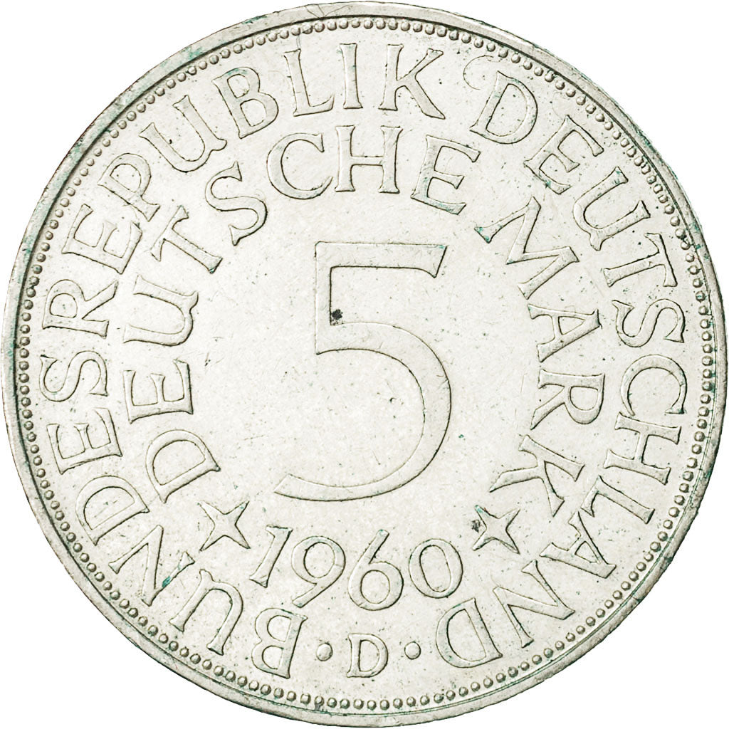 Coin, GERMANY - FEDERAL REPUBLIC, 5 Mark, 1960, Munich, AU(55-58), Silver