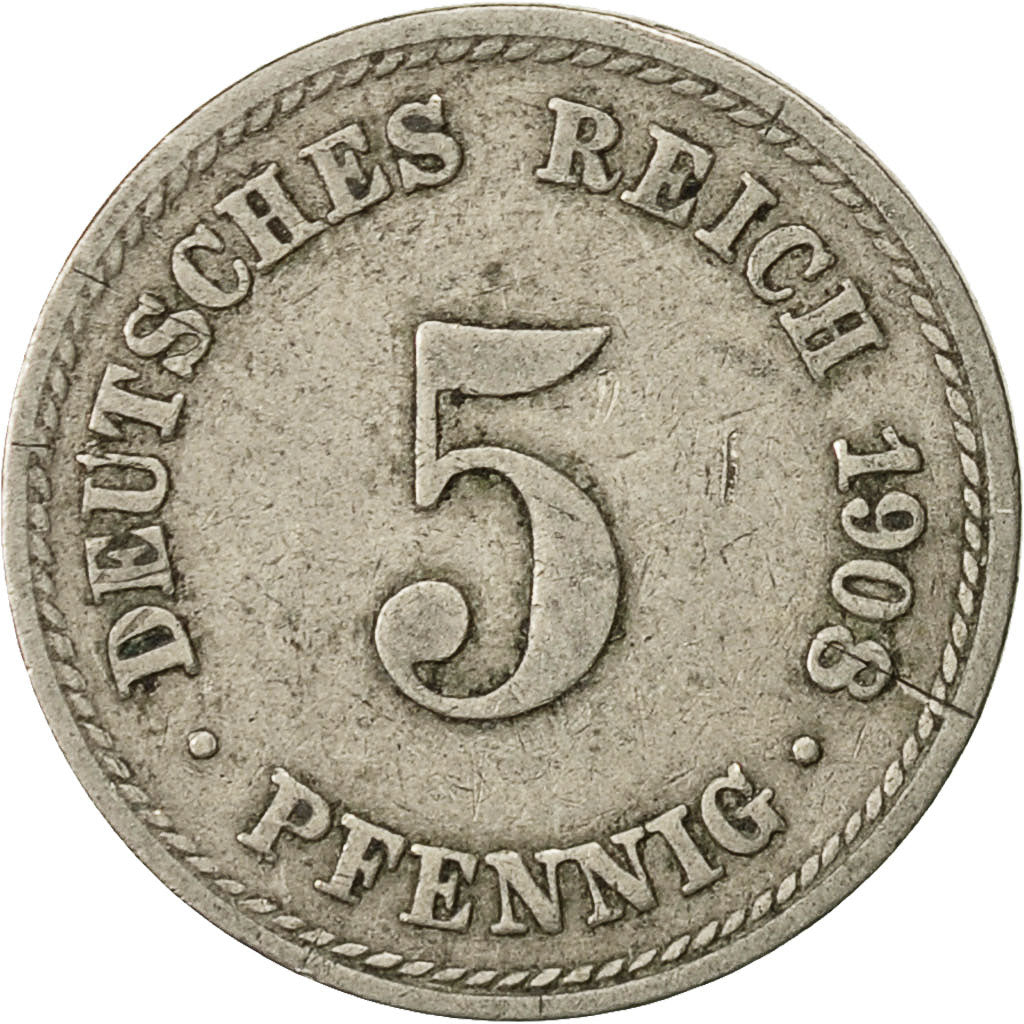 Coin, GERMANY - EMPIRE, Wilhelm II, 5 Pfennig, 1908, Berlin, VF(30-35)