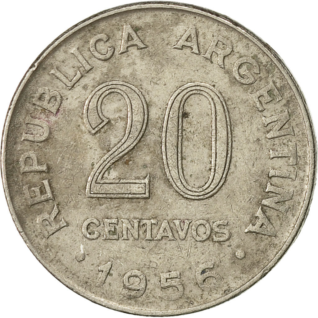 Moneta, Argentina, 20 Centavos, 1956, EF(40-45), Nikiel powlekany stalą, KM:52