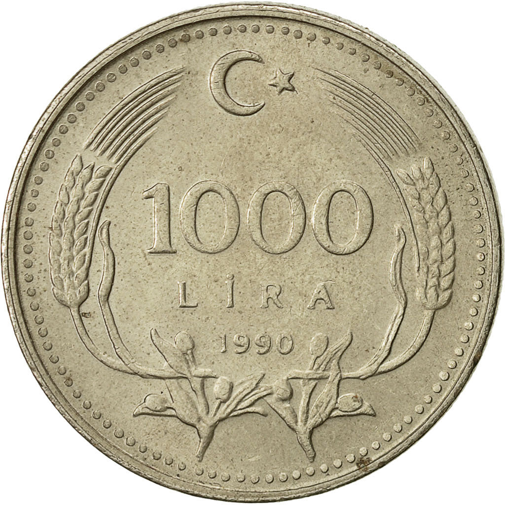 Coin, Turkey, 1000 Lira, 1990, AU(50-53), Nickel-brass, KM:997