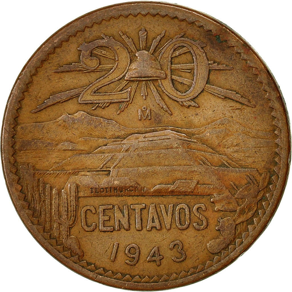 Moneda, México, 20 Centavos, 1943, Mexico City, BC+, Bronce, KM:439