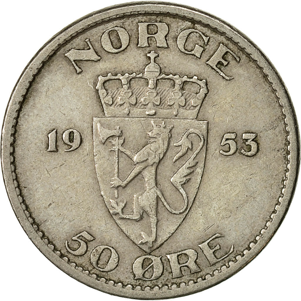 Coin, Norway, Haakon VII, 50 Öre, 1953, EF(40-45), Copper-nickel, KM:402