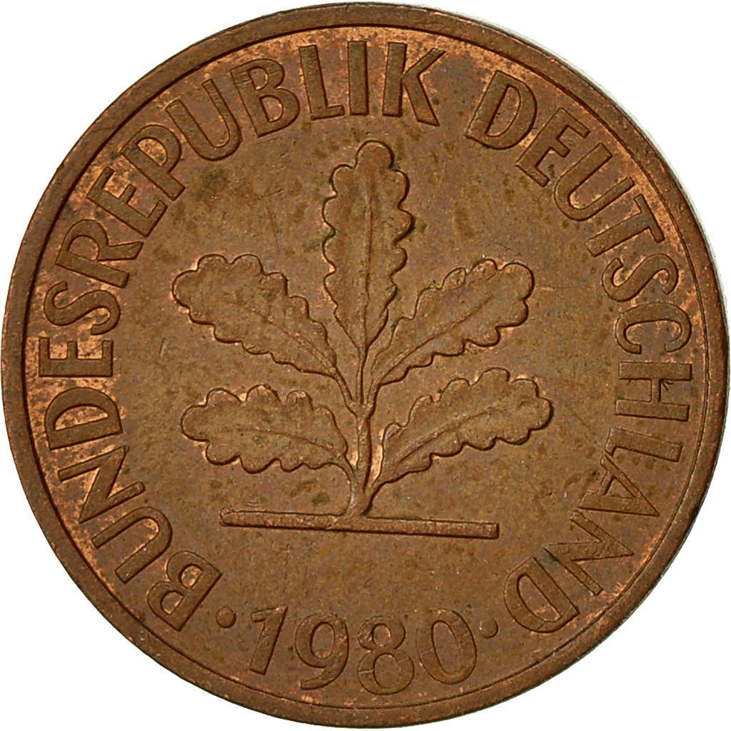 Coin, GERMANY - FEDERAL REPUBLIC, 2 Pfennig, 1980, Hambourg, EF(40-45), Copper