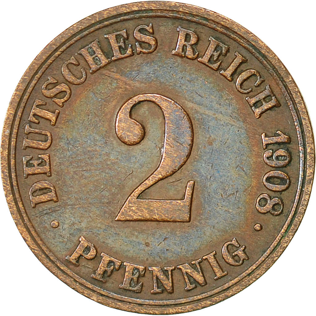 Coin, GERMANY - EMPIRE, Wilhelm II, 2 Pfennig, 1908, Berlin, EF(40-45), Copper