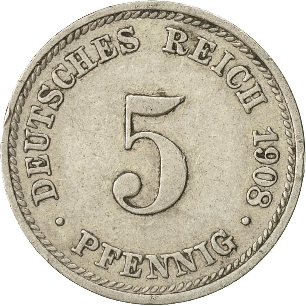 Moneta, GERMANIA - IMPERO, Wilhelm II, 5 Pfennig, 1908, Munich, BB, Rame-nichel