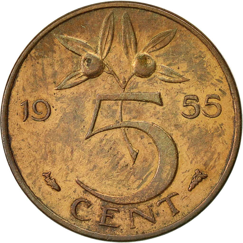 Coin, Netherlands, Juliana, 5 Cents, 1955, EF(40-45), Bronze, KM:181