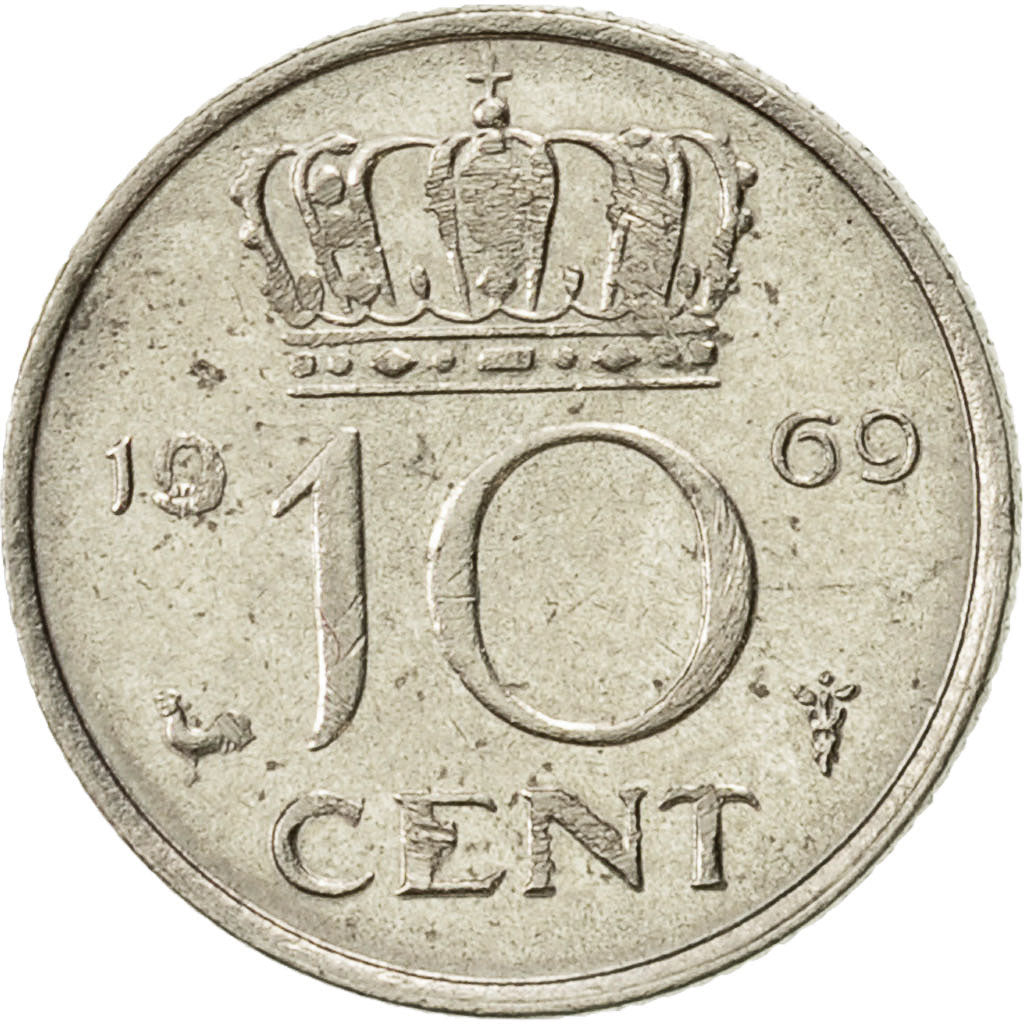 Coin, Netherlands, Juliana, 10 Cents, 1969, AU(50-53), Nickel, KM:182