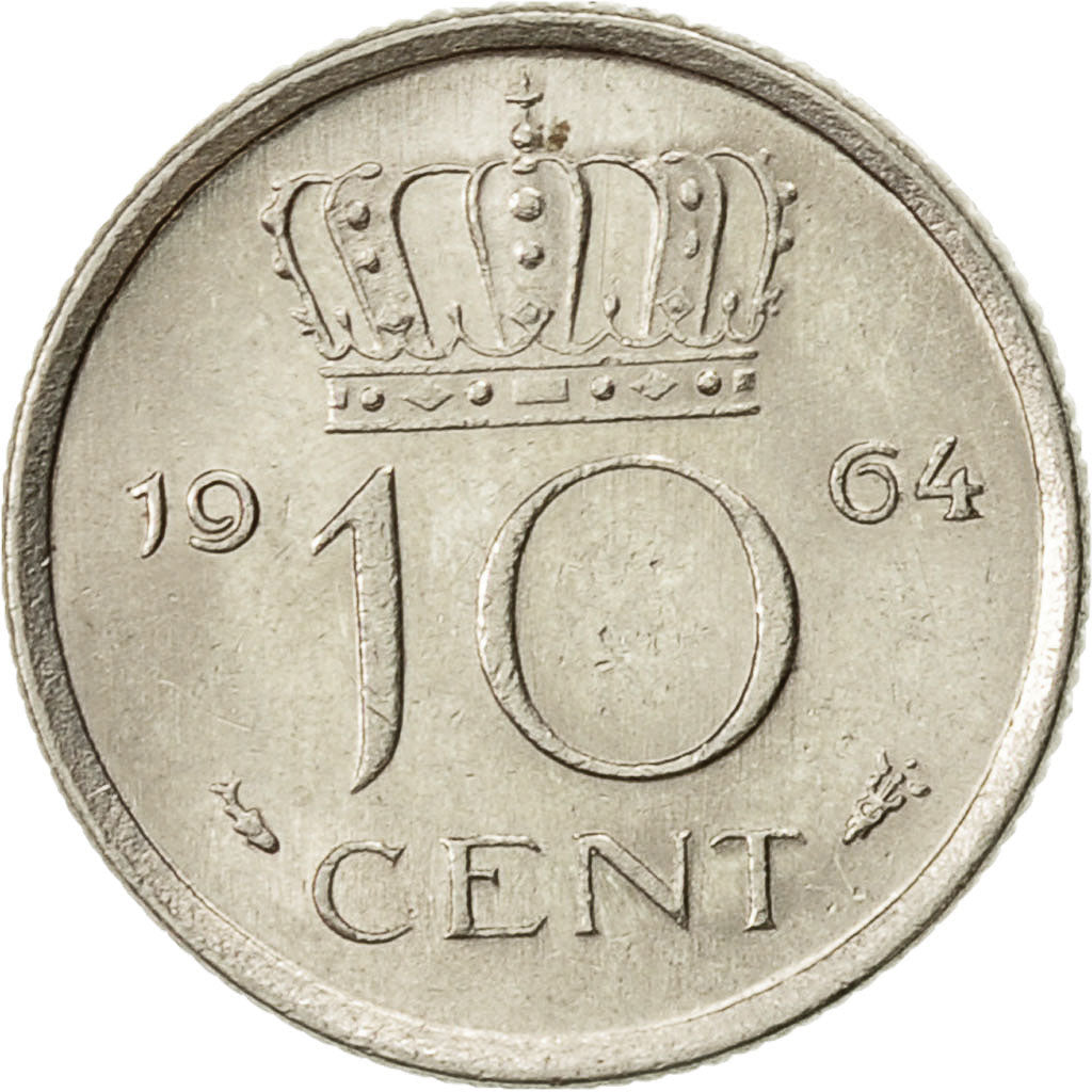 Coin, Netherlands, Juliana, 10 Cents, 1964, AU(50-53), Nickel, KM:182