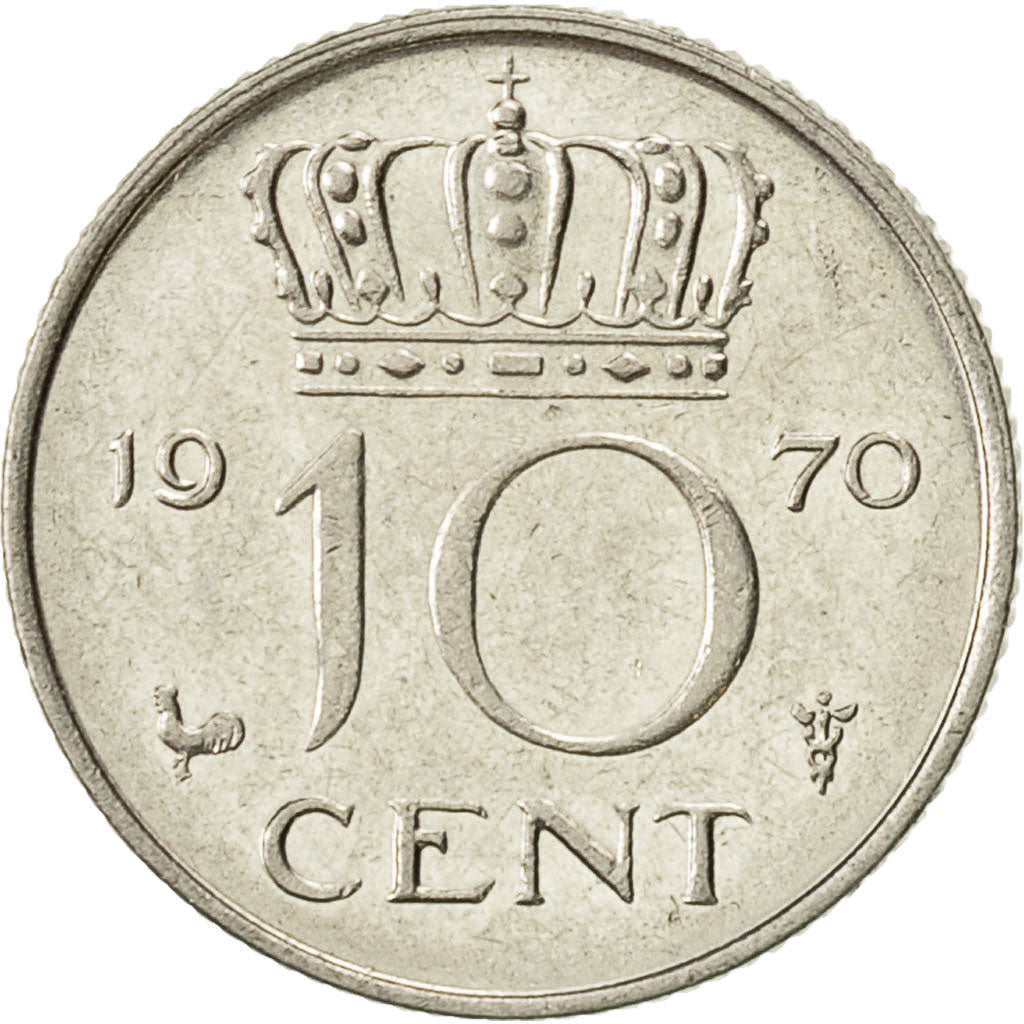 Coin, Netherlands, Juliana, 10 Cents, 1970, AU(50-53), Nickel, KM:182