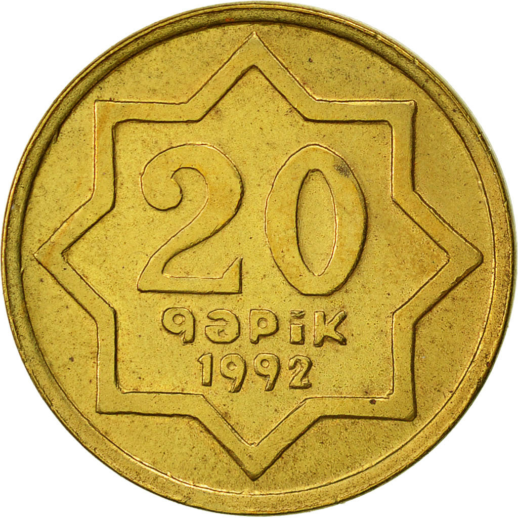 Azerbaijan, 20 Qapik, 1992, EF(40-45), Brass, KM:3