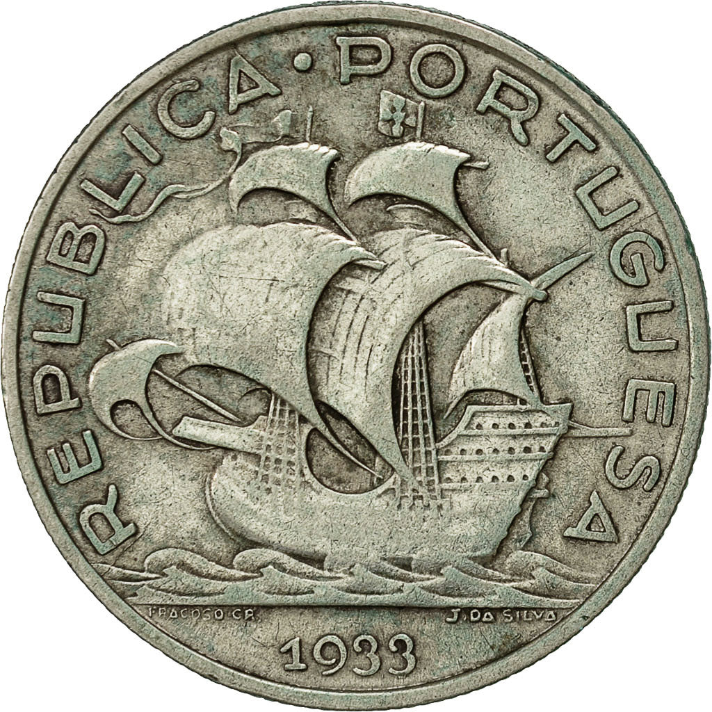 Portugal, 5 Escudos, 1933, MBC, Plata, KM:581