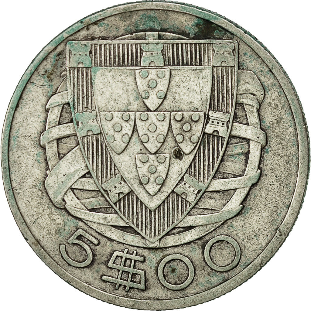 Portugal, 5 Escudos, 1933, MBC, Plata, KM:581