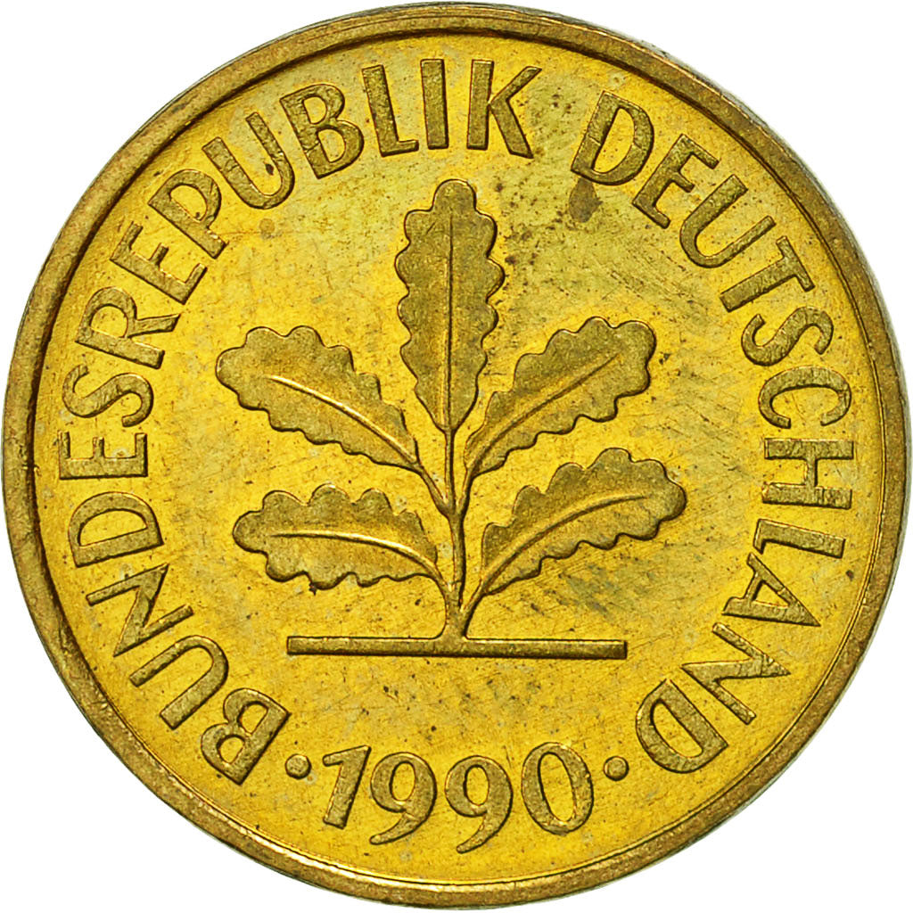 Coin, GERMANY - FEDERAL REPUBLIC, 5 Pfennig, 1990, Karlsruhe, AU(55-58), Brass