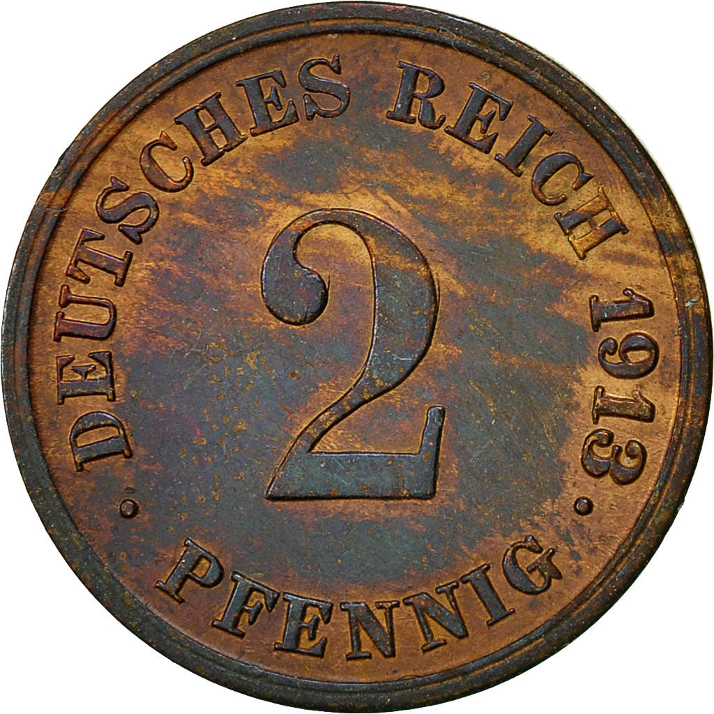 Coin, GERMANY - EMPIRE, Wilhelm II, 2 Pfennig, 1913, Karlsruhe, EF(40-45)