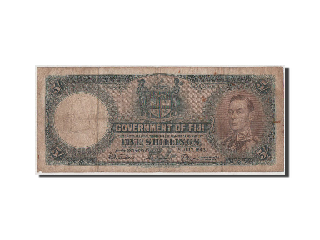 Fiji, 5 Shillings, 1943, KM #37f, F(12-15), B/4 74