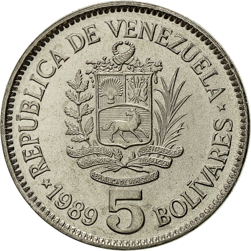 Münze, Venezuela, 5 Bolivares, 1989, Werdohl, VZ, Nickel Clad Steel, KM:53a.1