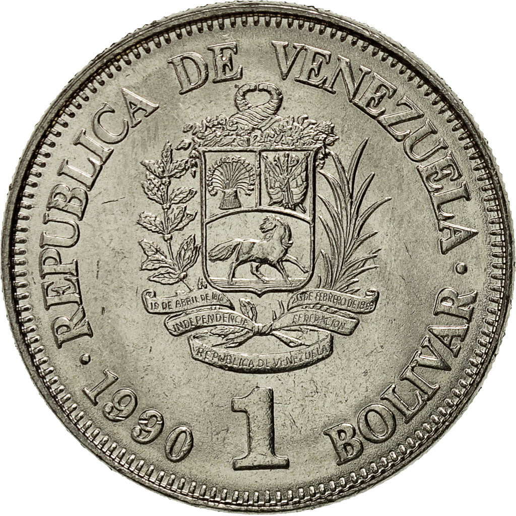 Moneta, Venezuela, Bolivar, 1990, AU(55-58), Nikiel powlekany stalą, KM:52a.2