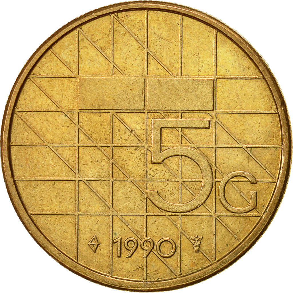 Coin, Netherlands, Beatrix, 5 Gulden, 1990, EF(40-45), Bronze Clad Nickel