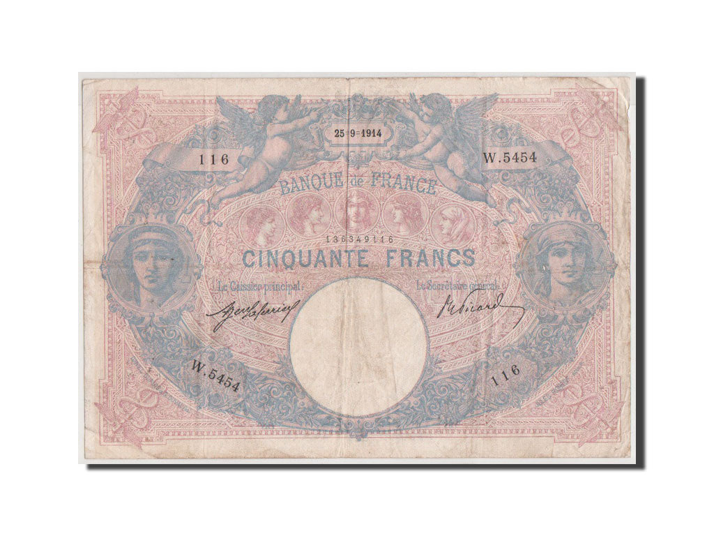 France, 50 Francs, 50 F 1889-1927 ''Bleu et Rose'', 1914, KM #64e, VF(30-35),...