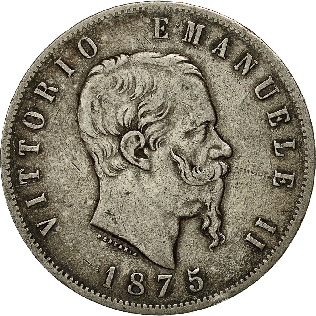 Italia, Vittorio Emanuele II, 5 Lire, 1875, Milan, BB, Argento, KM:8.3