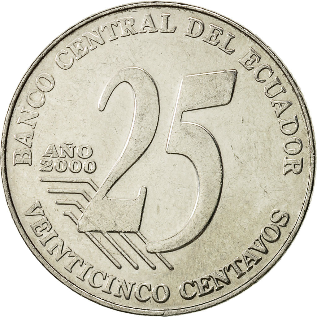 Moneta, Ecuador, 25 Centavos, 2000, BB+, Acciaio, KM:107
