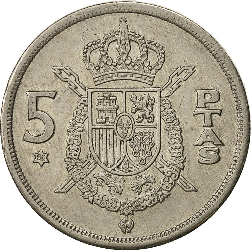 Moneta, Hiszpania, Juan Carlos I, 5 Pesetas, 1980, AU(50-53), Miedź-Nikiel